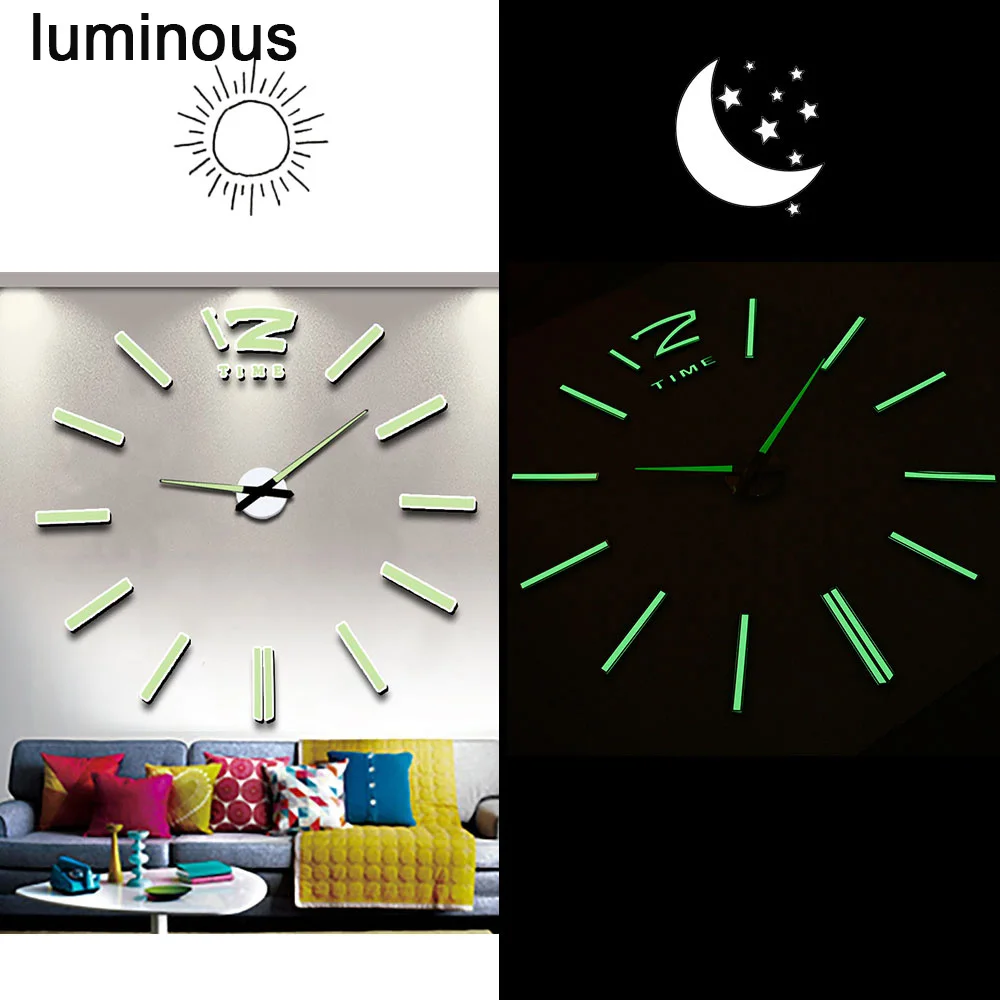 E luminous 3D светящиеся большие настенные часы зеркальные настенные наклейки Diy Декор для дома в гостиную модные часы поступление кварцевые большие настенные часы - Цвет: E luminous