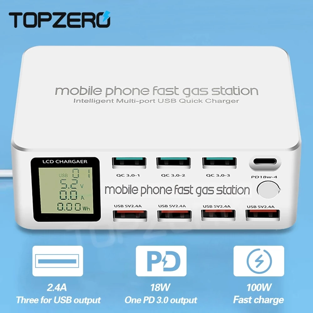 100W Тип USB C PD быстрая Зарядное устройство + 3 знака после Порты QC3.0 QC4.0 быстрой