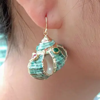 

Green Sea shell Spiral Cz pave Gold Plated Hook Dangle Earrings