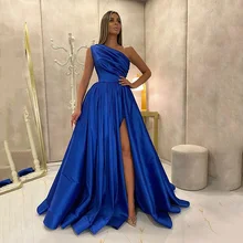 Yipeisha – robe de soirée en Satin bleu Royal, asymétrique épaule dénudée, longueur thé, coupe trapèze, bordeaux, grande taille