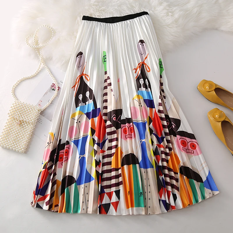 Мультяшная длинная Плиссированная юбка для женщин, европейский стиль, юбка с высокой талией, весна-лето, высокая уличная юбка средней длины, эластичная талия, трапециевидная