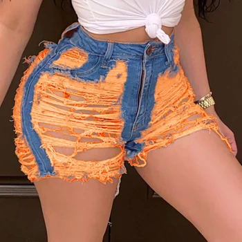 

Spring Summer Heavy Hole Beads High Thin Waist Light Blue Denim Shorts Women Women denim jeans Fashion Shorts Q30