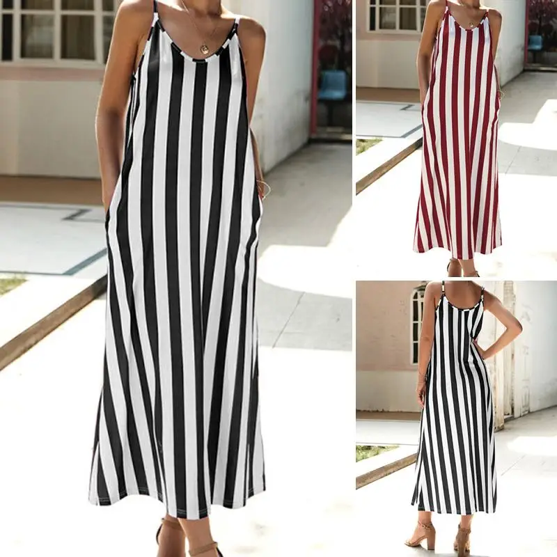 

Plus Size Sundress Celmia 2020 Summer Women Sexy Straps Sleeveless Striped Long Dress Casual Loose Pockets Beach Party Vestidos