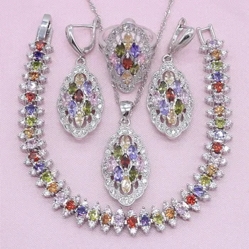 

Women Silver Color Jewelry Sets Exquisite Multicolor Crystal Earrings Bracelet Pendant Necklace Ring Wedding Birthday Gift