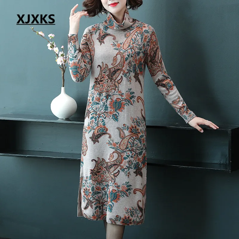 XJXKS женский свитер с высоким воротом платье Зима Теплый плюс размер высокого класса шерсть вязаный длинный свитер женский пуловер - Цвет: Хаки