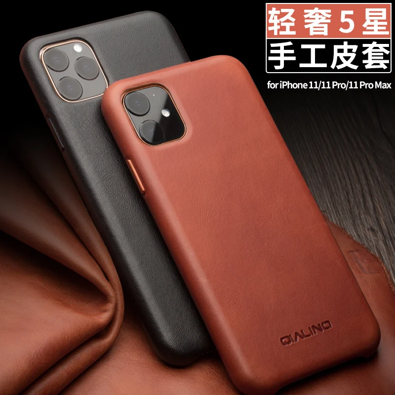 

Cowhide Genuine Leather Back Cover for iPhone 11 Pro Max Light Business Man Women Full-Grain Leather Case Qialino Metal Buttons