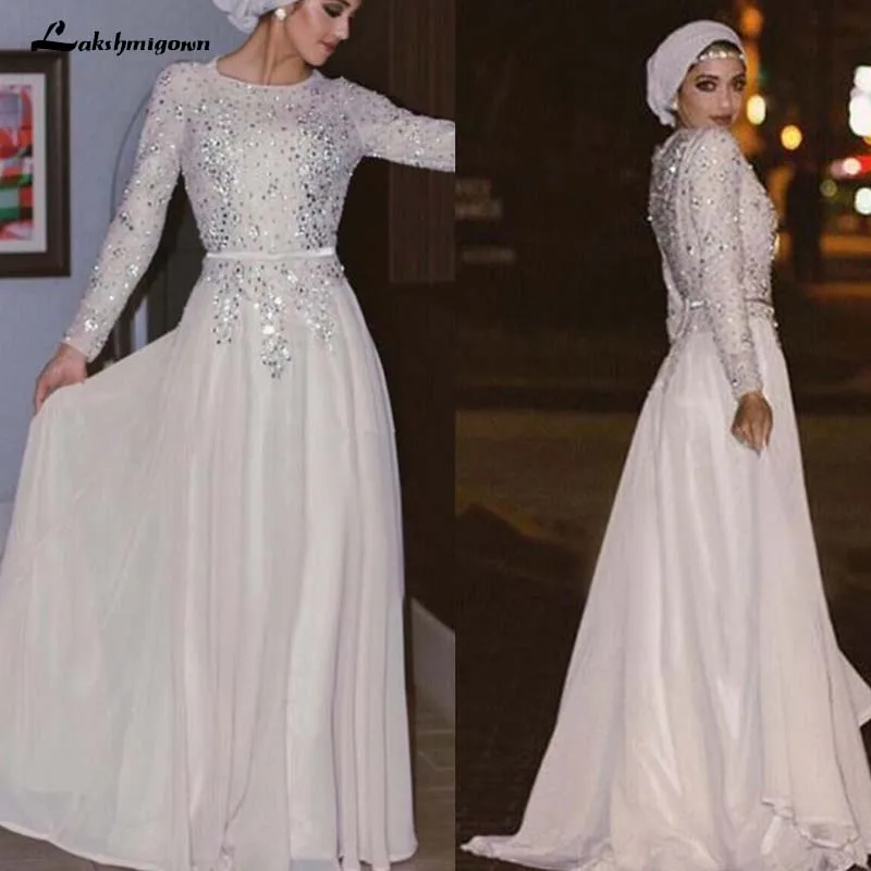 

Silver Sequins Muslim Evening Dresses Long Sleeves Crystal Beaded Chiffon Floor Length Shinning Arabic Prom gown 2020