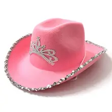 Ladies Wide Brim Fur Crown Decor Cowboy Hat Pink Cap Western Style Holiday Cosplay Party Hats Female Cowgirl Caps 2021 Autumn