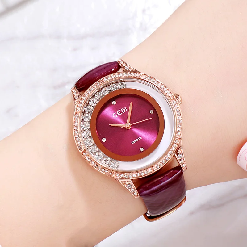 

Gedi Luxury Women Watches Rolling Rhinestones Simple Dial Leather Strap Designer Relojes Para Mujer Wrist Watches for Women
