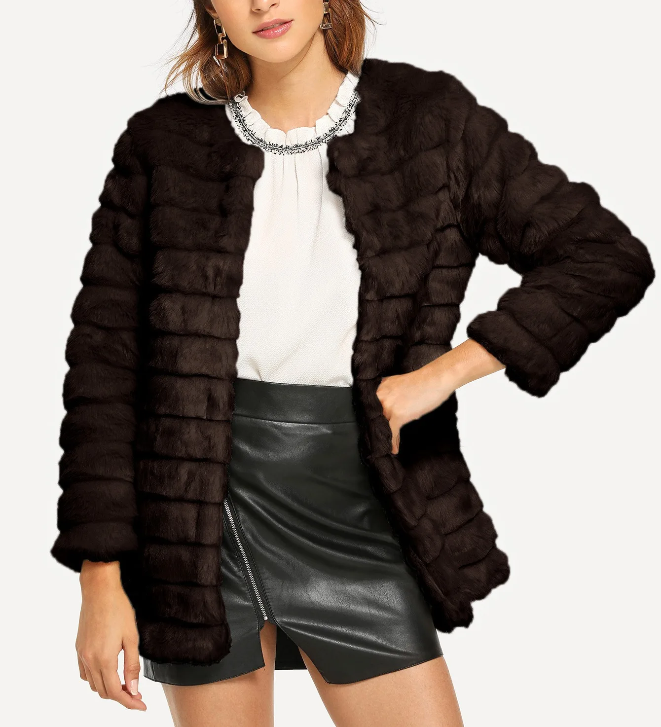 Dark Brown Новое осенне-зимнее пальто женское пальто из искусственного лисьего меха плюс размер женское без воротника с длинным рукавом Искусственный мех средней длины Черная куртка - Цвет: Dark Brown