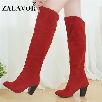 

ZALAVOR 4 Colors Woman Round Toe Suede Leather Winter Boots Work Square Heels Over Knee Boots Shoes Women Footwear Size 34-43