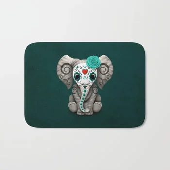 

Nordic Teal Blue Day of the Dead Sugar Skull Baby Elephant Bath Rug Non-Slip Floor Outdoor Indoor Front Door Mat Bathroom Rugs