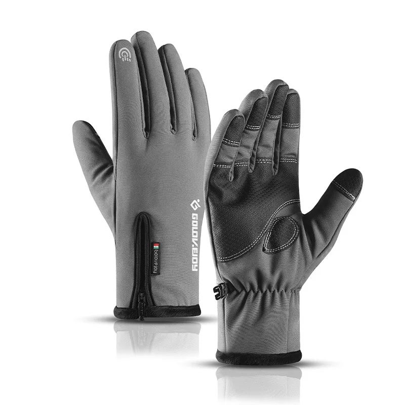 

Leather Bike Riding Gloves Outdoor Cycling Winter Zipper Touch Screen Men Women Mountain Warm Velvet Thick Gloves