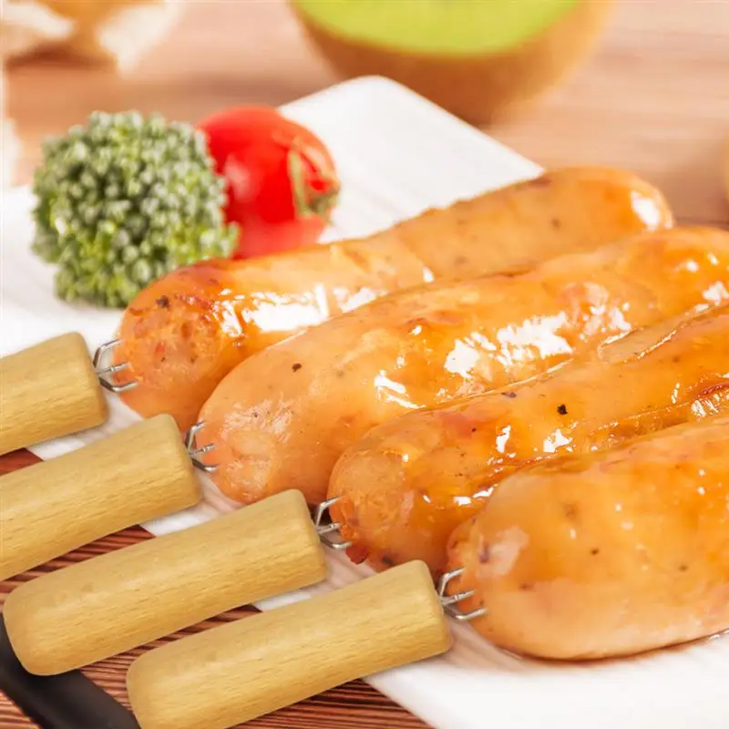 4 Pieces Stainless Steel Corn Holders Wooden Handle Hand Skewers Outdoor BBQ Anti Scalding Forks Garden Picnic Cooking Tools