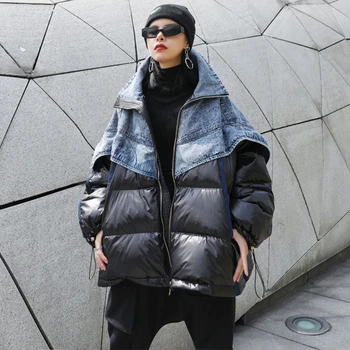 

SeeBeautiful Down Cotton Stitching Denim Large Size Thick Coat Lapel Long Sleeve Zipper New Fashion 2020 Winter Women M416