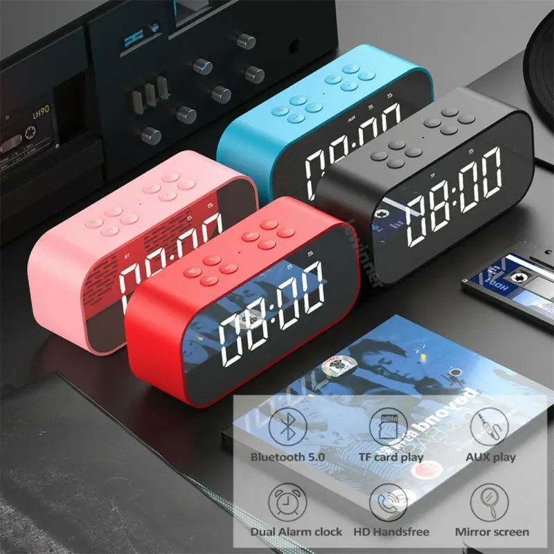 

Bluetooth Speaker with FM Radio LED Mirror Alarm Clock Subwoofer Music Player Snooze Desktop Clock Portable Mirror MP3 Player