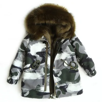 Camo Grey Green Пальто с мехом для девочек; куртка с искусственным лисьим мехом; зимняя детская одежда; камуфляжная верхняя одежда для мальчиков и девочек; детское меховое пальто; TZ155 - Цвет: Camo Grey Green