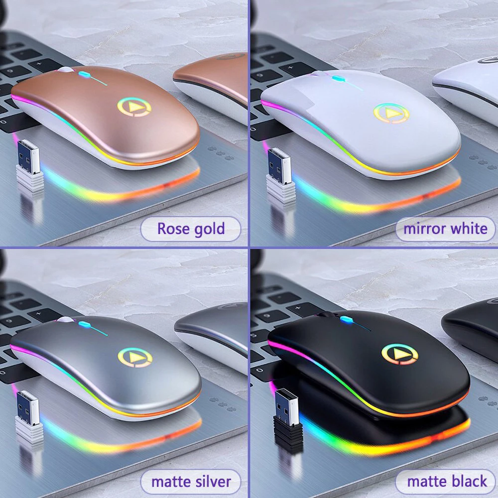 Mouse sem fio rgb recarregável mouse mudo com iluminação de led para jogos e escritório acessórios para laptop