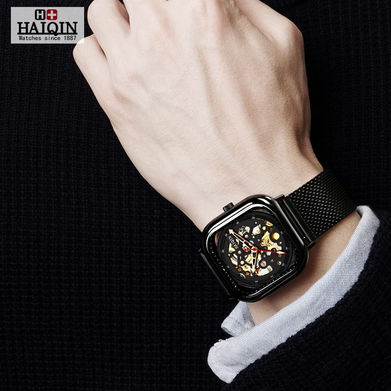 HAIQIN Fashion Sport Mens Watches top brand luxury Square Mechanical watch men wirstwatch Hollow skeleton erkek kol saati