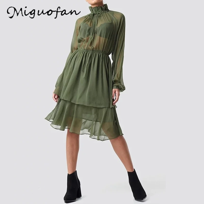 

Miguofan women lace up dresses see though sexy hollow out chiffon dresses turtleneck long sleeve vintage ruffles female dress