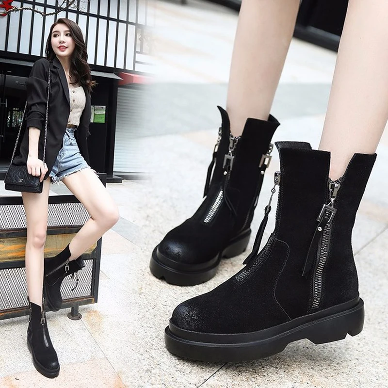 

Autumn and winter explosion models new front zipper boots women's platform boots in retro shoes flat black England Martin boots