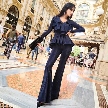 

2020 spring new fashion Two piece suit Lotus leaf edge temperament coat flare bottoms high-end office women sets black