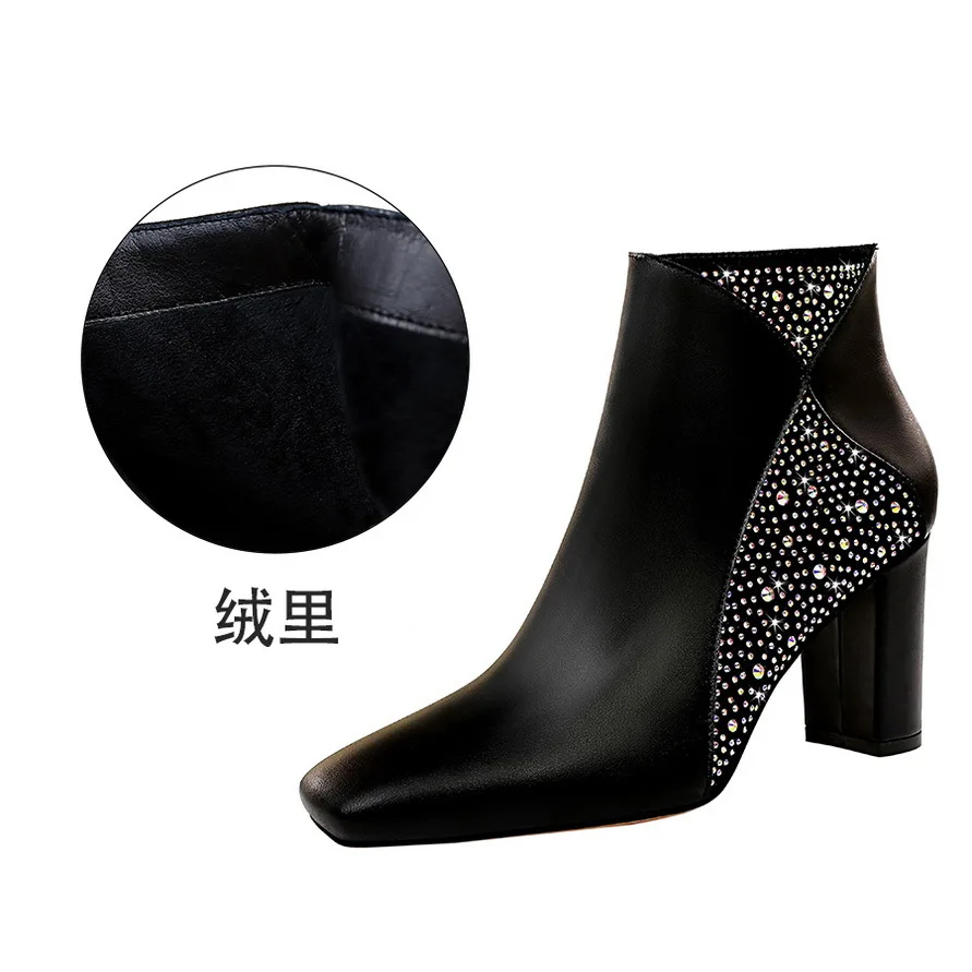 

High Quality 2019 Autumn Winter Ankle Boots for Women Square head shiny rhinestone PU Leather High Heels Booties Ankle botas Sho