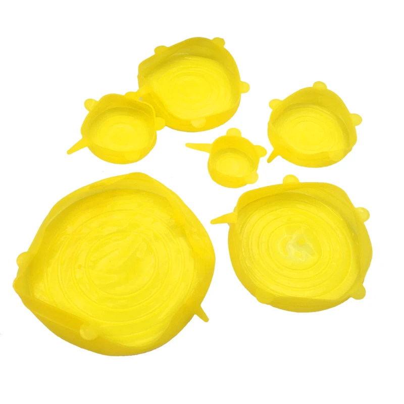 Yellow 6 шт многоразовые силиконовые Эластичные крышки, универсальные крышки для кастрюль, крышка для кастрюли, силиконовая крышка для кастрюли, кухонные аксессуары, крышка для чаши, крышка для еды - Цвет: Yellow