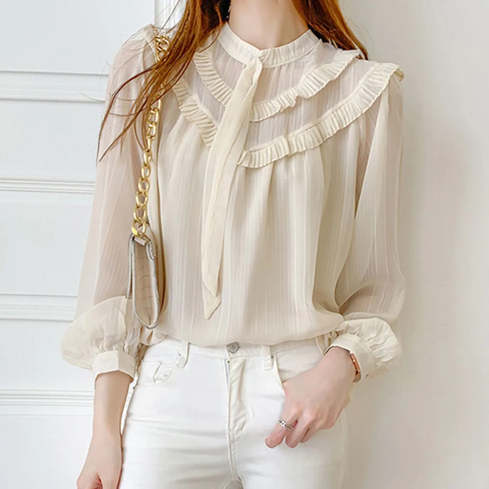 

Bellaza Fall Elegant Office Ladies Blouse Solid Color Chic Chiffon Blouse Autumn Stringy Selvedge Mesh See Thorugh Shirts Tops