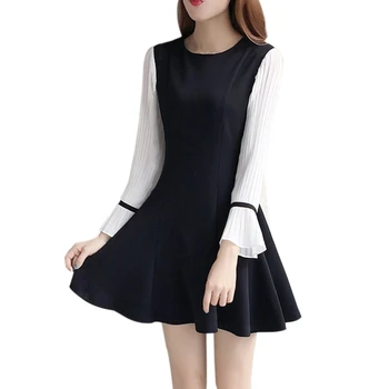 

Women Colorblock Round Collar Pagoda Long Flare Sleeve Bottoming Dress Black A-Line Dresses Elegnat Autumn Party Vestidos