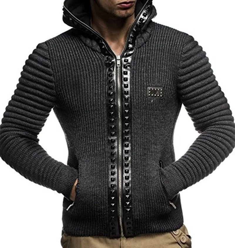 ZOGAA 2019 Brand Men's Sweater Coat Casual Knitted Hooded Jacket Coat Solid Hat Rivet Trim Men's Zipper Sweater Jacket Fashion ZOGAA 2019 Brand Men's Sweater Coat Casual Knitted Hooded Jacket Coat Solid Hat Rivet Trim Men's Zipper Sweater Jacket Fashion