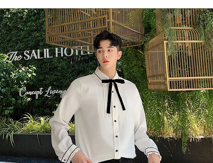 MIXCUBIC Autumn England style unique Palace bow tie shirts men casual loose retro Pleated lace shirts M-XXL