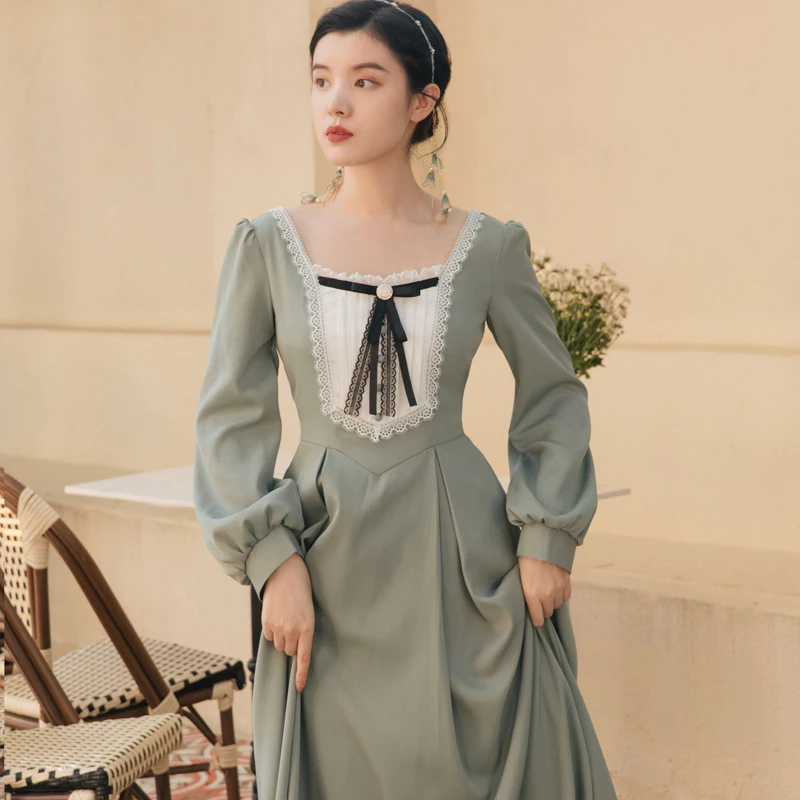 

2021 new fashion women's clothing Square Collar Spring/Autumn Mid-Calf vintage dresses woman dress