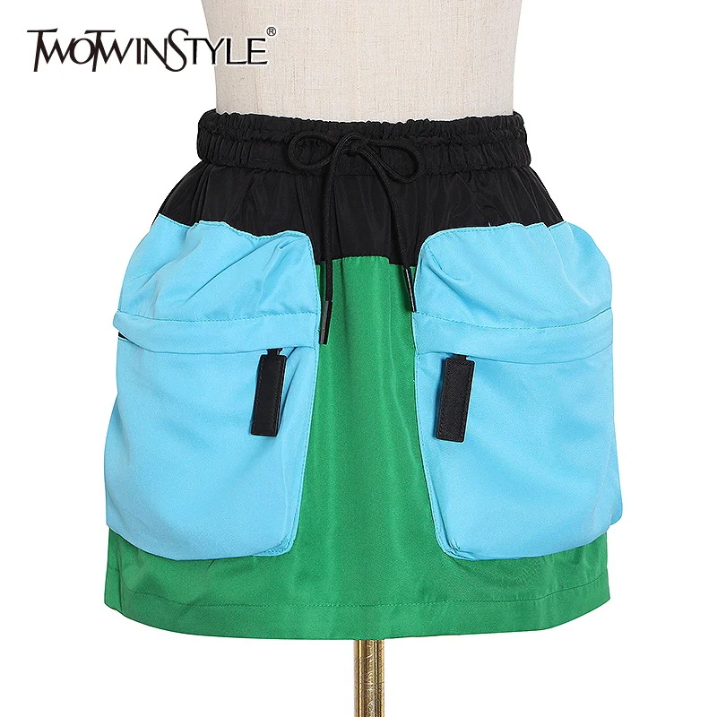 

TWOTWINSTYLE Patchwork Skirt For Women High Waist Pocket Plus Size Hit Color Mini Skirts Female 2020 Summer Fashion New Style