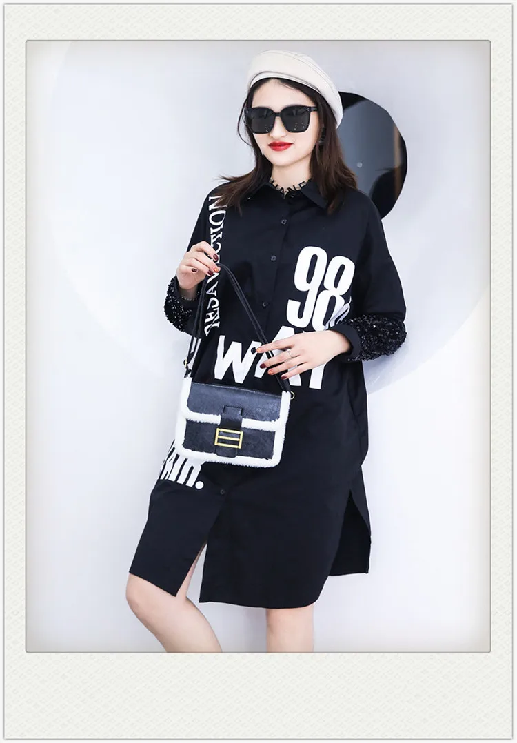 XITAO Sequins Patchwork Casual Shirt Women Letter Tide Fashion New Style Turn Down Collar Long Sleeve Single Breasted DZL2619