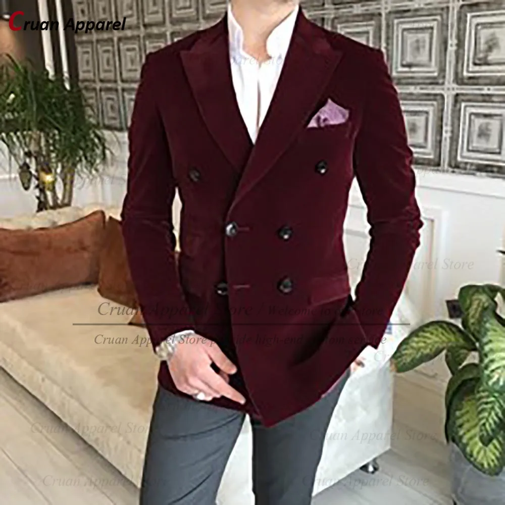 Blazer clásico de terciopelo rojo vino para hombre, chaqueta ajustada doble botonadura para traje de y padrino boda, esmoquin - AliExpress