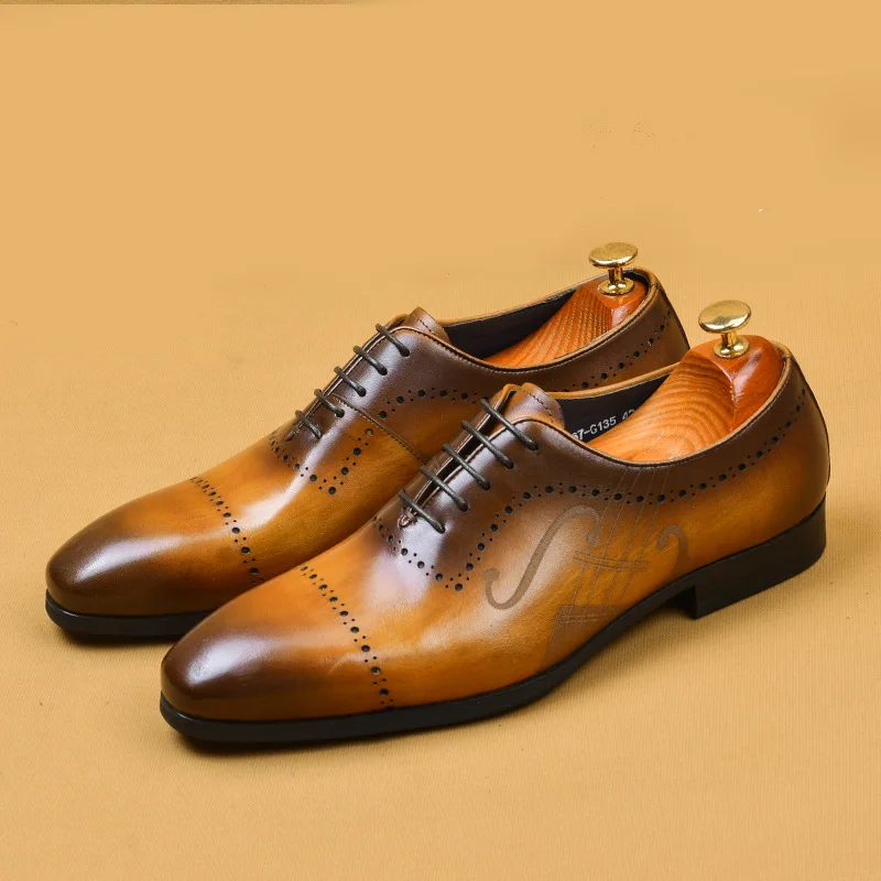 Pointed Toe British Style Oxfords Men Dress Shoes Genuine Leather