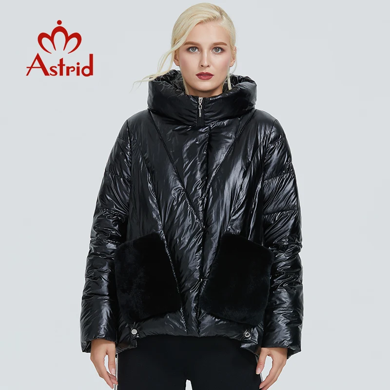Astrid зимняя куртка женская черная глянцевая модная куртка плюшевая прошитая с большими карманами дизайнерская теплая черная Женская парка AR-9231