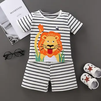 

2020 Summer Children Sets Fashion Boys Short Sleeve O Neck Print Cartoon T-shirt Short Pants Stripe Cute Girls Clothes Sets