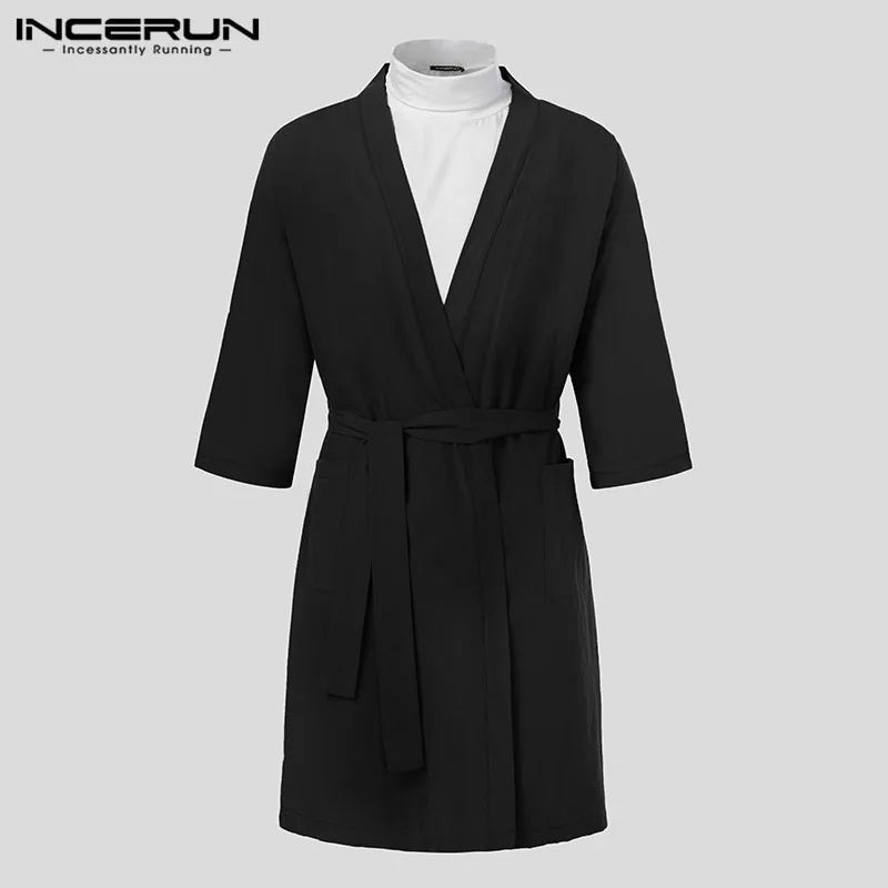 INCERUN Comfort Bathrobe Women Sexy Night Dress Kimono Men Solid 3/4 Sleeve Sleepwear Cotton Fashion Casual Belt Pajama Robe INCERUN Comfort Bathrobe Women Sexy Night Dress Kimono Men Solid 3/4 Sleeve Sleepwear Cotton Fashion Casual Belt Pajama Robe