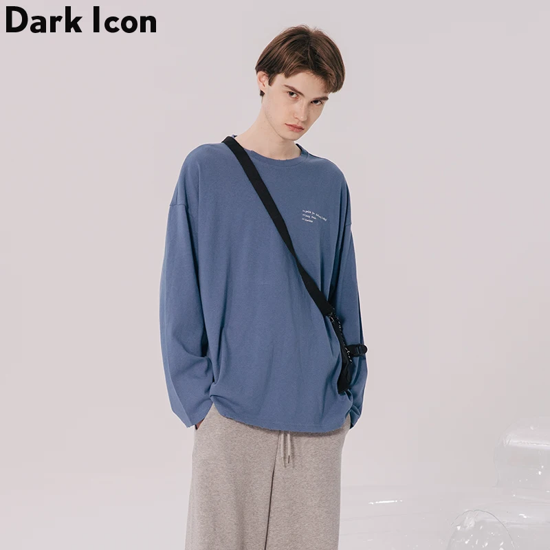 Мужская футболка с надписью Dark Icon и круглым вырезом осенняя уличная длинным