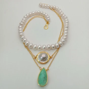 

18" Cultured White Rondelle Pearl Necklace Mabe Pearl Green Chrysoprase Pendant