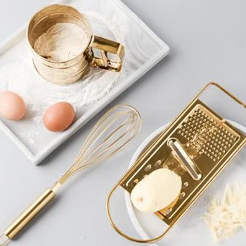 

3-Piece Kitchen Baking Suit Golden Stainless Steel Whisk Sning Cup Of Scraper Egg Powder Mixer Stirring Rotary