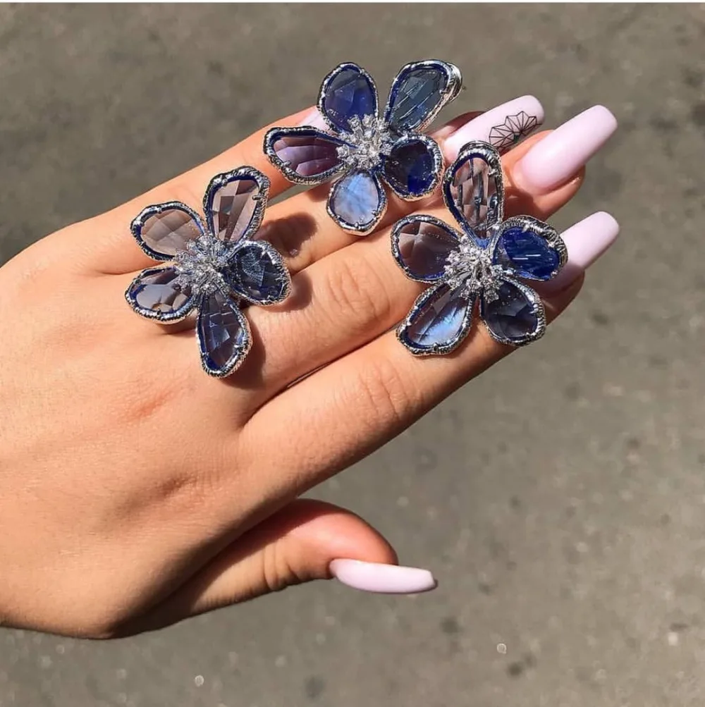 Дизайн Роскошный AAA циркон круглый русский цветок Форма синие серьги кольцо набор для женщин, высококачественные вечерние/свадебные ювелирные наборы
