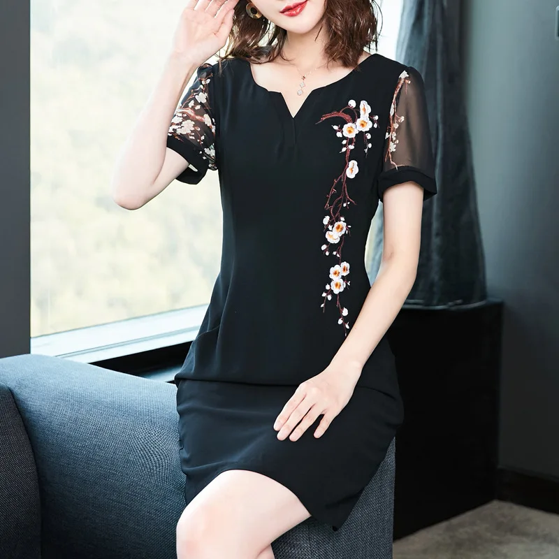 

Retro Debutante Elegant Spring Clothing 2019 New Style Women's Three-quarter-length Sleeve Embroidery Dress Mid-length Slimming