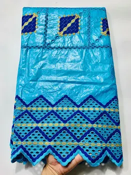 

5 Yards India Bazin Riche Lace Fabric With sky blue Blouse Embroidered Lace Basin Fabric FYIN528
