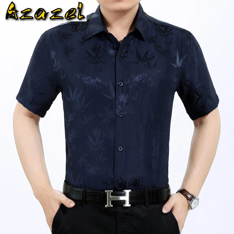 

Azazel Summer 100% Silk Shirt Men Short Sleeve White Shirt Loose Mens Dress Shirts High Quality Formal Camisa Masculina KJ1946