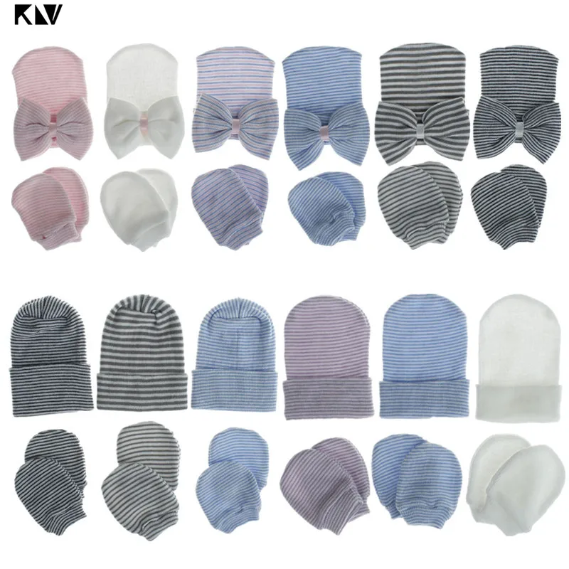 Baby Anti Scratching Soft Cotton Gloves Double Layers Hat Set Newborn Protection Scratch Mittens Infant Big Bow Warmer Cap Kits polyester cotton newborn soft large bow hat infant baby girl boy warm bowknot beanie hospital warmer hats cap candy color turban
