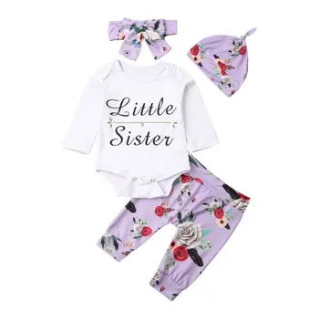 

Autumn Baby Girl Long Sleeve Letter Print Romper Tops Floral Trousers Headband Hat Casual Outfits Clothes