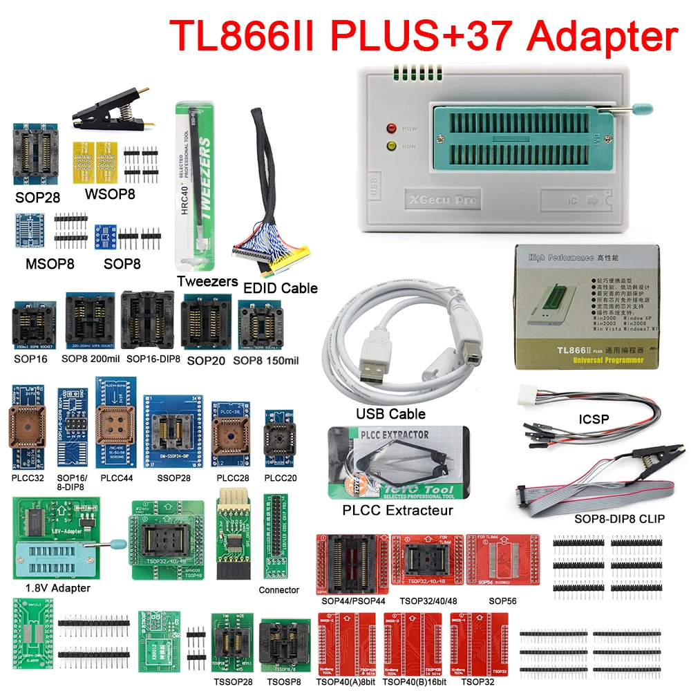 Upmely Original V11.2 TL866II Plus Universal Minipro USB Programmer TL866 Nand Flash AVR PIC Bios with 37 PCS Adapter Mini Chips |